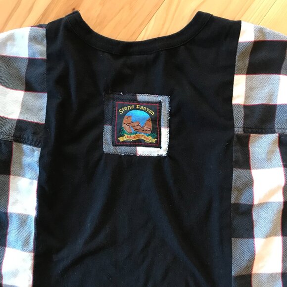 Reworked Buffalo Plaid Tee, Size M-L: Upcycled Oversized Mountain Graphic Shirt - Picture 5 of 11